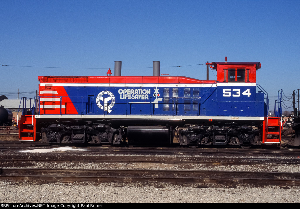 BRC 534, EMD MP15DC, wearing fresh Operation Lifesaver paint scheme, at BRC Clearing Yard